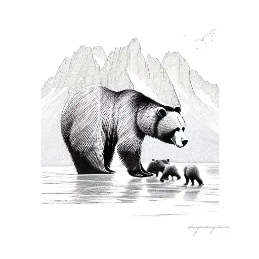 bear family crossing river in the grand teton mountains  tattoo design idea
