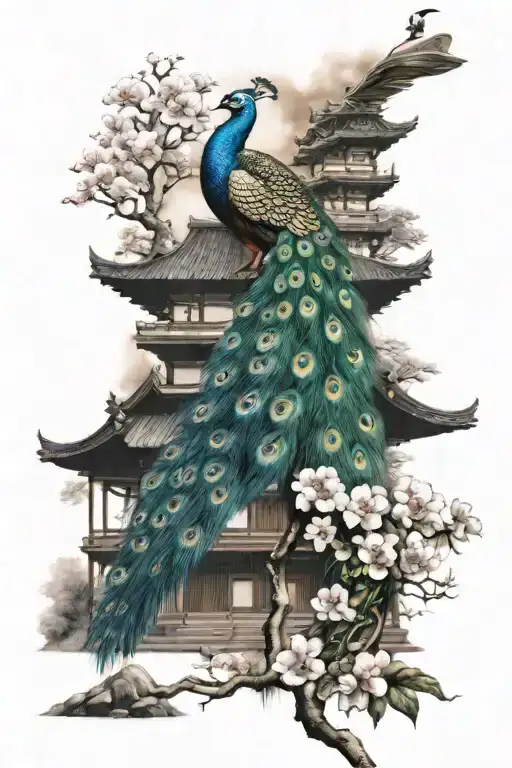 peacock and Japanese temple surrounded by cherry tattoo design idea