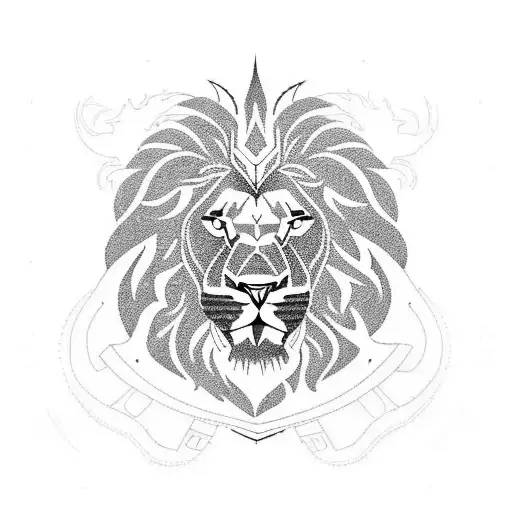 A blackwork tattoo of the head of a lion inside a shield surrounded by the logo's of qlimax, defqon, dominator, masters  tattoo design idea