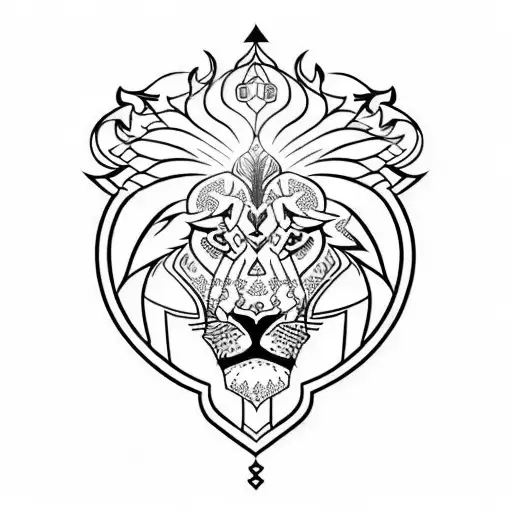 A blackwork tattoo of the head of a lion inside a shield surrounded by the logo's of qlimax, defqon, dominator, masters  tattoo design idea