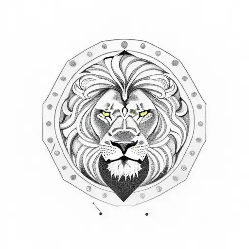 A blackwork tattoo of the head of a lion inside a shield surrounded by the logo's of qlimax, defqon, dominator, masters  tattoo design idea