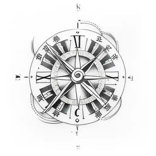 clock and compass tattoo design idea