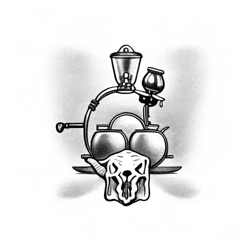 A detailed black and grey tattoo of a barista brewing coffee with a bull skull in the background tattoo design idea