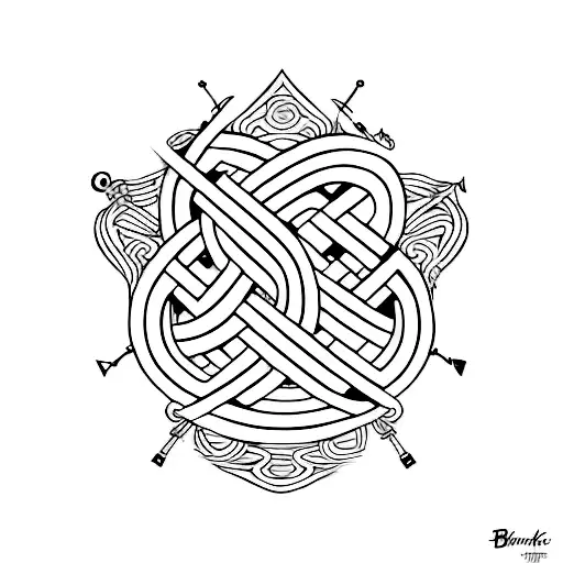 A traditional tattoo design of musical instruments intertwined with BTS logos tattoo design idea