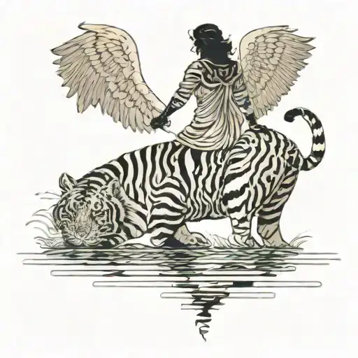 The silhouette of an angel who will stand on the back of a tiger, which is a female, the tiger is walking on the lake, in the reflection of the tiger instead of a tattoo design idea