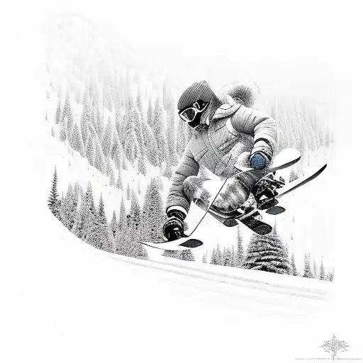 A snowboarder carving through a forest of mystical creatures tattoo design idea
