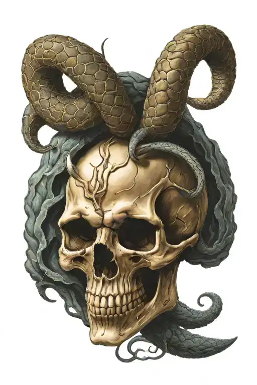 skull with horns with a snake coming through the skull tattoo design idea