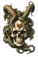 skull with horns with a snake coming through the skull tattoo design idea