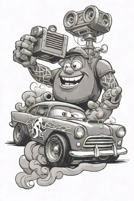 guido from cars with tires and smoke in the air with the piston cup leant on the side  tattoo design idea