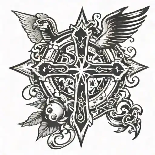 A traditional style tattoo of a Christian cross with musical notes as the background, incorporating elements of Pokemon and D&D tattoo design idea