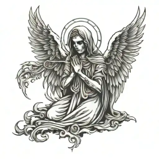 praying death angel tattoo design idea