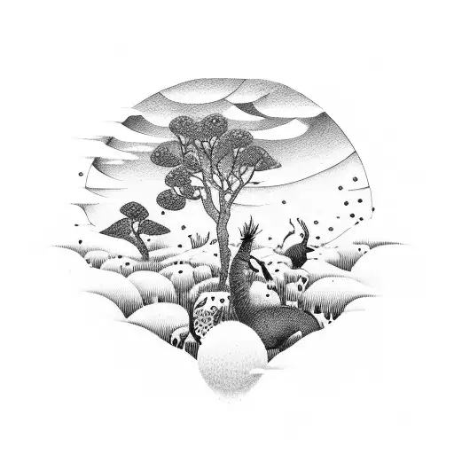 A dotwork tattoo of a serene landscape with animals playing musical instruments tattoo design idea