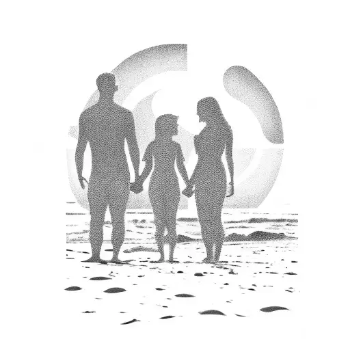 A silhouette of a family holding hands on a beach at sunset tattoo design idea