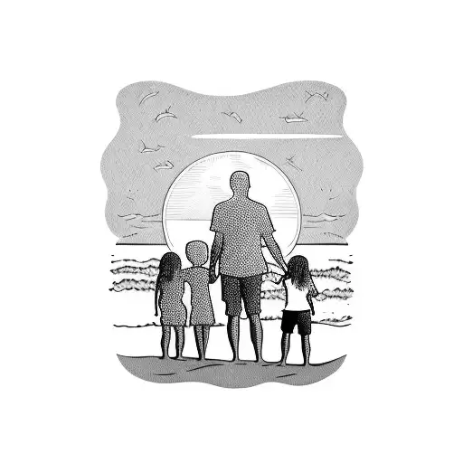 A silhouette of a family holding hands on a beach at sunset, two parents and two boys tattoo design idea