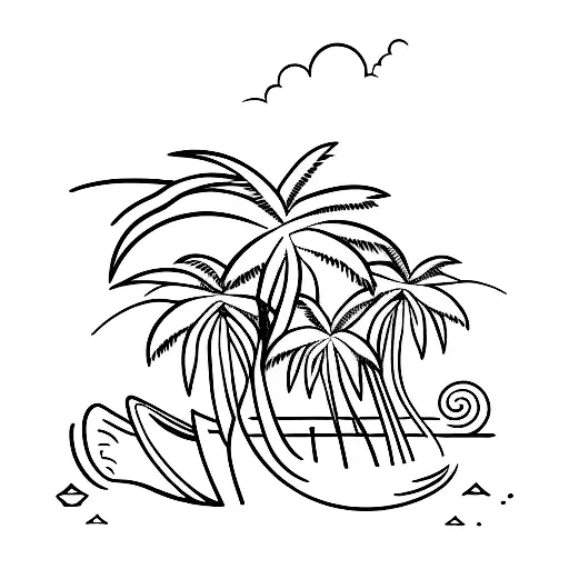 A minimalist tattoo of a dog silhouette with a palm tree and beach waves in the background tattoo design idea