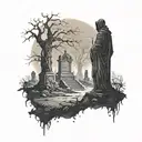dark silhouette of grim raper standing in graveyard facing away tattoo design idea