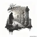 dark silhouette of grim raper standing in graveyard facing away tattoo design idea