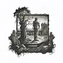 dark silhouette of grim raper standing in graveyard facing away tattoo design idea