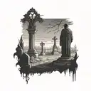 dark silhouette of grim raper standing in graveyard facing away tattoo design idea