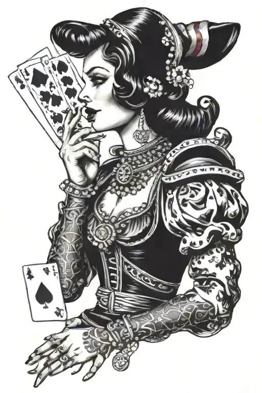 lady luck with cards in her hand tattoo design idea