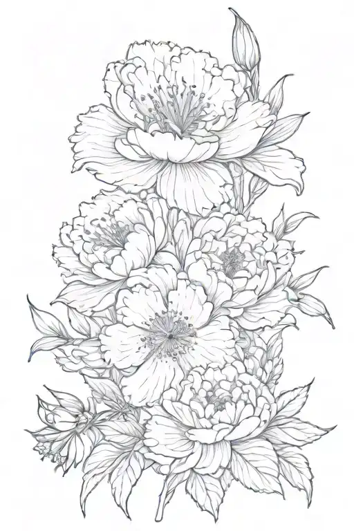 peony iris hydrangea flowers line drawing tattoo design idea