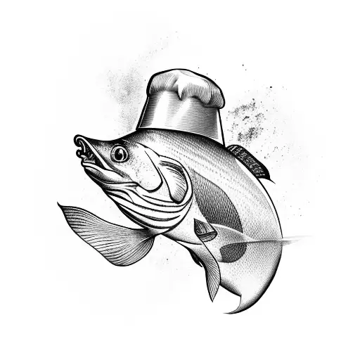A black-grey tattoo of a fish wearing a chef's hat tattoo design idea
