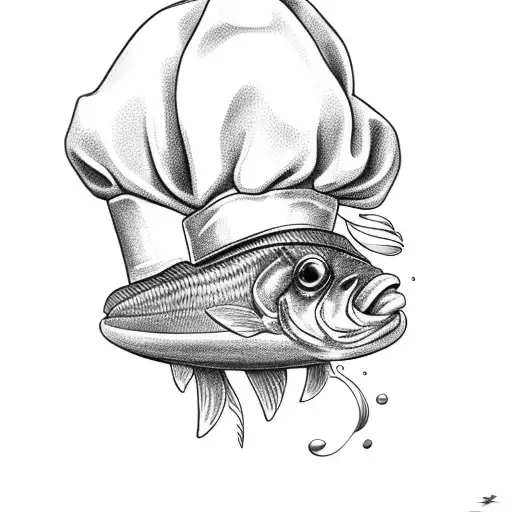 A black-grey tattoo of a fish wearing a chef's hat tattoo design idea