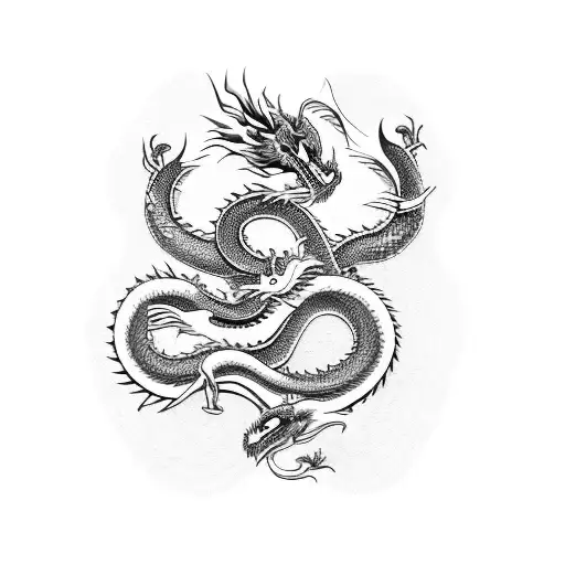 Dragon and snake entwined in a symbolic representation of the mafia in dotwork style tattoo design idea