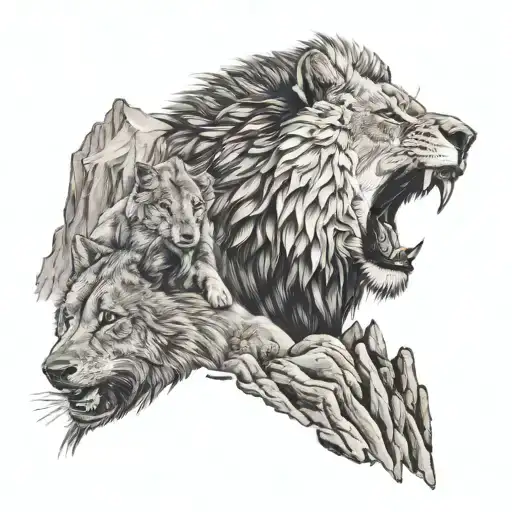 black and grey split face of half wolf half lion, over mountain scen tattoo design idea