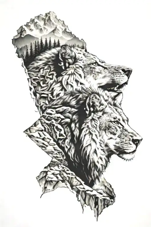 black and grey split half wolf face half lion face, over mountain scene tattoo design idea