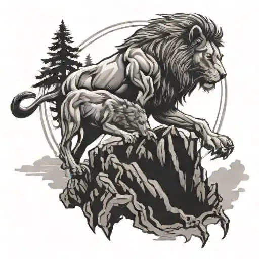A mechanical engineer-inspired design featuring a lion and wolf working together to climb a mountain tattoo design idea