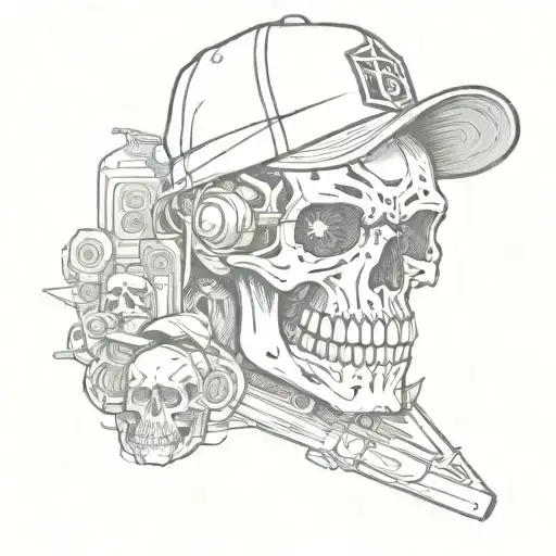 A skull wearing a baseball cap with Hollywood Undead logo on it, surrounded by video game elements tattoo design idea