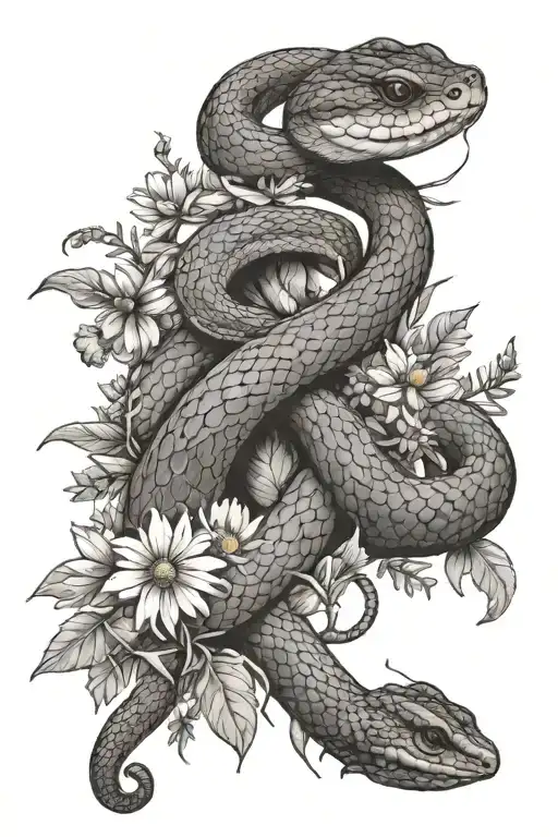 snake and lavender and daisies and forget me not flowers tattoo design idea