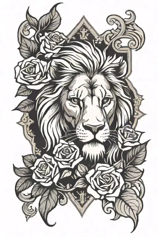 cross with roses and lion head tattoo design idea
