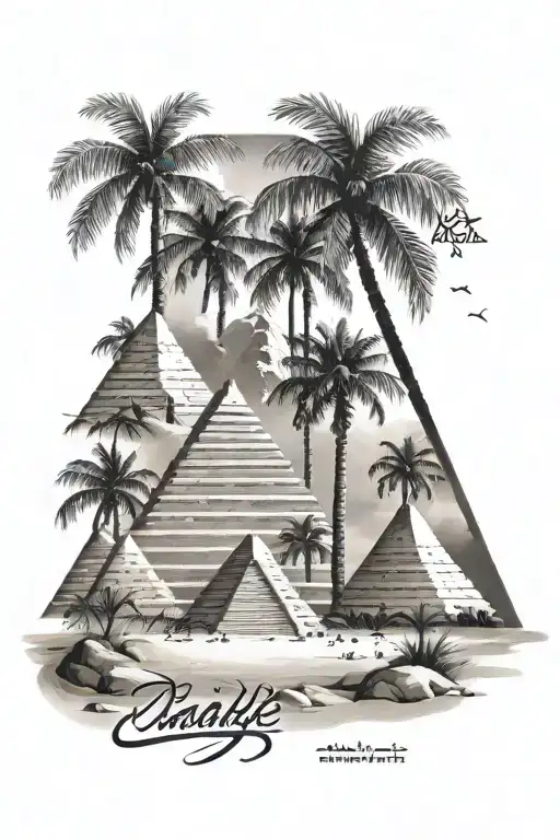 Arabic writing with pyramids and palm trees  tattoo design idea