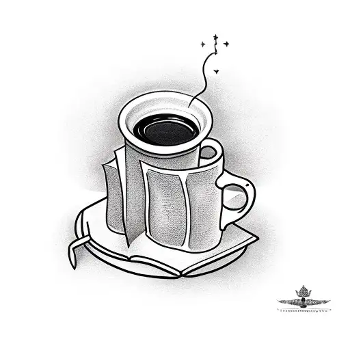 An office desk with a stack of books and a coffee cup tattoo design idea