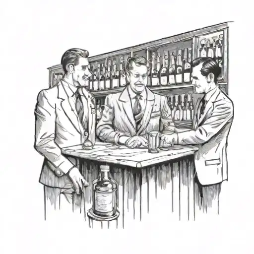 old cocktail bar with three men standing behind it. the mightiest of them in the middle, dressed in an suit. No face tattoo design idea