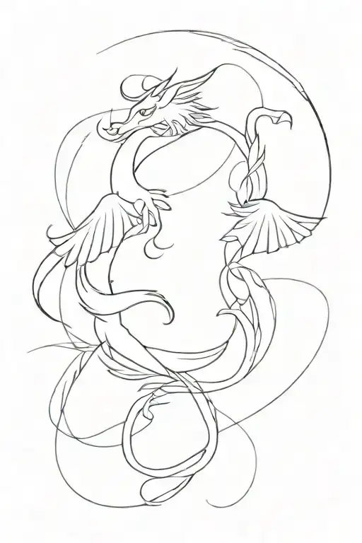 this is a sleeve tattoo, it depicts: minimalism style angel, dragon, helmetric figures, dove, zodiac sign cancer or cons tattoo design idea