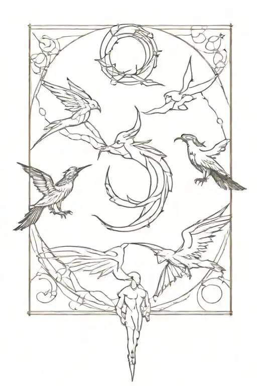 this is a sleeve tattoo, it depicts: minimalism style angel, dragon, helmetric figures, dove, zodiac sign cancer or cons tattoo design idea