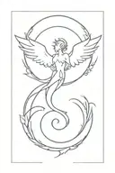 this is a sleeve tattoo, it depicts: minimalism style angel, dragon, helmetric figures, dove, zodiac sign cancer or cons tattoo design idea