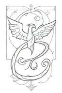 this is a sleeve tattoo, it depicts: minimalism style angel, dragon, helmetric figures, dove, zodiac sign cancer or cons tattoo design idea