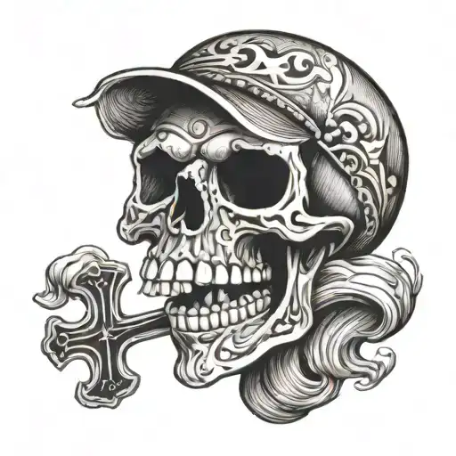 scull with a white mustache having  a bone cross behind it tattoo design idea