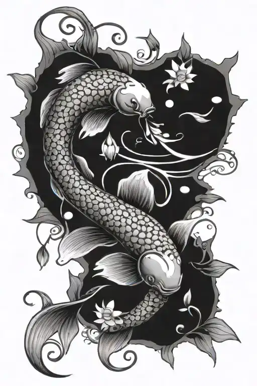 yin Yang koi fish with lily of the valley flower tattoo design idea