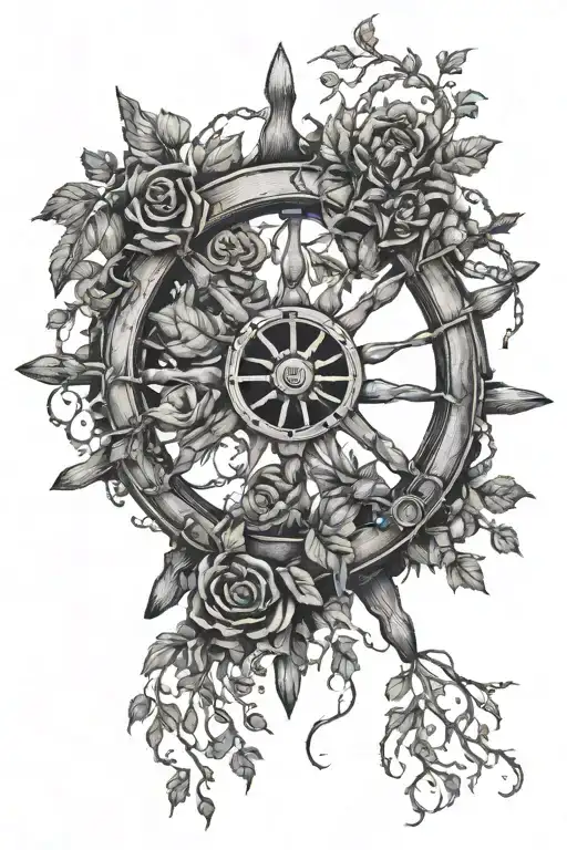 A detailed ship's wheel with intricate rope design, incorporating elements of nature like leaves and vines to symbolize the interconnectedness of all things tattoo design idea