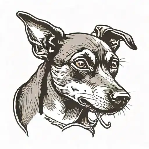 black and grey miniature pinscher dog head barking tattoo design idea