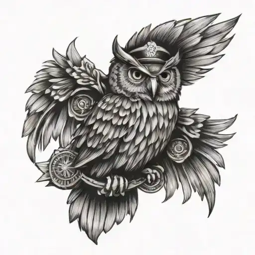 An intricate owl design with a police badge incorporated into its feathers, symbolizing protection and authority tattoo design idea