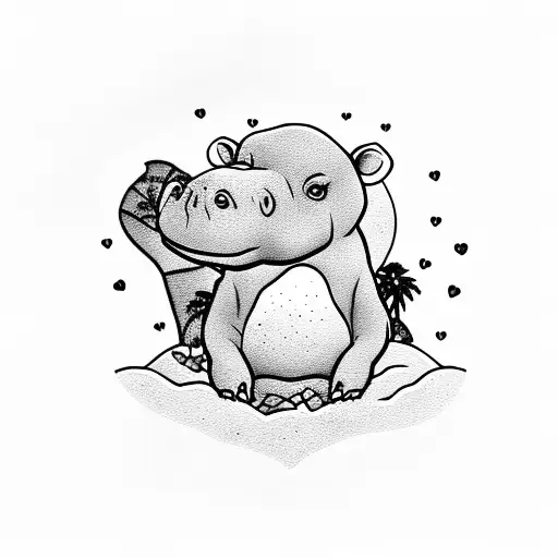 Baby Hippo Holding heart on an island with a palm tree and sunset tattoo design idea