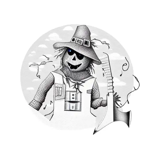 a scarecrow playing an electric guitar that is shaped like a sickle tattoo design idea