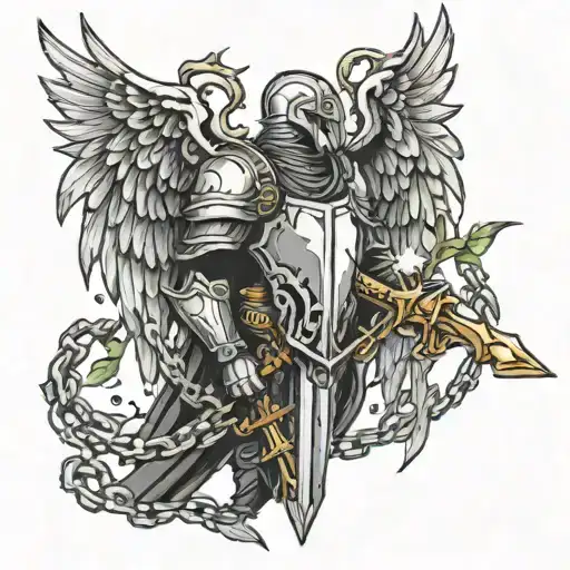 knight will fallen wings holding a tree style chain tattoo design idea