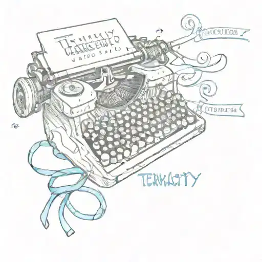 tenacity in typewriter font, with a blue ribbon in the background tattoo design idea